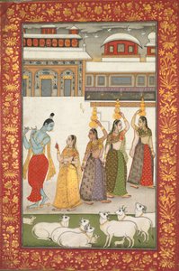 Gujari Ragini Krishna mit Gopis, die Flöte spielen, aus einer Ragamala-Serie, Mitte 1700er Jahre von Unbekannt