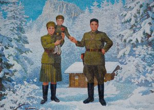 Glückliche Familie. Kim Il-sung und seine Frau Kim Jong-suk mit Sohn Kim Jong-Il, 1960er Jahre