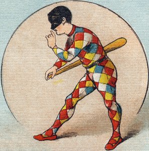 Harlekin. Gravur in "Alphabet de ma petite fille". Bernardin-Bechet und Fils, Buchhändler-Verleger, Paris, um 1895. Unzerbrechliches Album auf Leinwand. Bibliotheque des Bebes. 12 Seiten. Album mit einer Lesemethode und einem illustrierten Abecedarium.