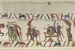 Harold und Graf Guy von Ponthieu sprechen zusammen in Beaurain, Teppich von Bayeux (Wollstickerei auf Leinen)