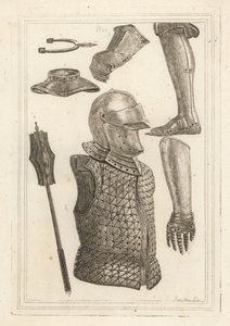 Helm und Brigantine, eiserner Beinschutz, Handschuh von John of Gaunt, eiserner Handschuh, Kragen, eiserne Keule, antiker eiserner Sporn von Unbekannt