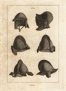 Helm mit nach unten öffnendem Visier im Tower of London, Doppelstangenhelm und Salet mit Ohrstücken von Unbekannt