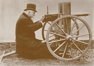 Hiram Maxim 1840-1916 präsentiert das erste automatische Maschinengewehr, 1884 von Unbekannt