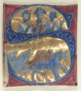 Historisierte Initiale S aus einer Bibel: Soldaten und Pferde, 1200er Jahre