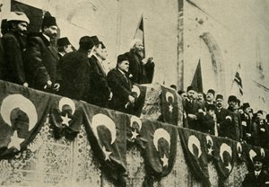 Heiliger Krieg wird in der Fatih-Moschee, Konstantinopel, am 14. November 1914, ca. 1920, ausgerufen