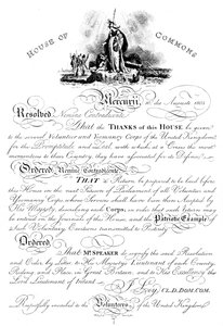 Resolution des Unterhauses, die den Freiwilligen Yeomanry Corps Dank ausspricht, ca. 1905