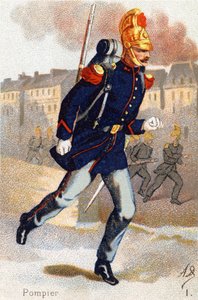 I: Feuerwehrmann. Gravur in "Militäralphabet". Initialen des Illustrators: A. D. Unbekannter Herausgeber. Chromolithographien Ende des 19. Jahrhunderts. Dim: 10,5x7cm von Unbekannt