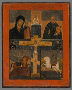 Ikone - Kreuzigung mit der Kasaner Gottesmutter, Heiliger Nikolaus, Heiliger Georg und Dimitrij
