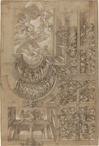 Illusionistische Decke mit einem Weinlaubengang, Figuren auf Galerien und einem zentralen... von Unbekannt