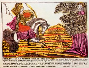 Ilya Muromets und Nachtigall der Räuber, Lubok-Druck, 18. Jahrhundert