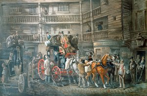 Gasthofhof mit Postkutsche, die sich zur Abfahrt vorbereitet, ca. 1840 von Unbekannt