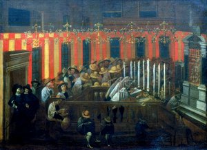 Innenraum einer Synagoge während des Gebets