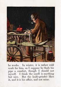 Wandernder Messerschleifer, der eine Klinge durch Drehen eines Schleifrads mit einem Trittbrett schärft, um 1867 von Unbekannt