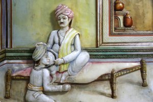 Jalaram Prathna Hindu-Tempel, Leicester. Kunstwerk, das das Leben von Jalarambapa darstellt. Vereinigtes Königreich