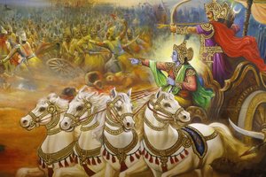 Jalaram Prathna Hindu-Tempel, Leicester. Fresko. Krishna der Wagenlenker führt Arjuna auf dem Schlachtfeld von Kurukshetra. Vereinigtes Königreich von Unbekannt