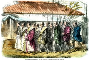 Japanische Offiziere gehen zu Gratulationsbesuchen, Japan, 1865