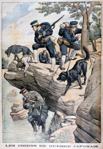 Japanische Soldaten mit Hunden finden einen versteckten Russen, Russisch-Japanischer Krieg, 1904 von Unbekannt