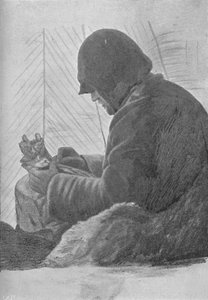 Johansen sitzt im Schlafsack in der Hütte, ca. 1893-1896, 1897 von Unbekannt