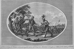 Johann II. von Frankreich übergibt sein Schwert an Denis de Morbeck in der Schlacht von Poitiers, 1356, 1793 von Unbekannt