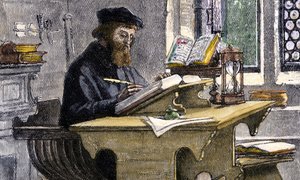 John Wycliffe bei der Arbeit, 19. Jahrhundert von Unbekannt