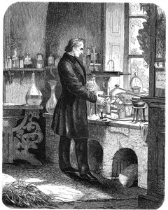 Justus von Liebig, deutscher Chemiker, bei der Arbeit in seinem Labor, Mitte des 19. Jahrhunderts, um 1885