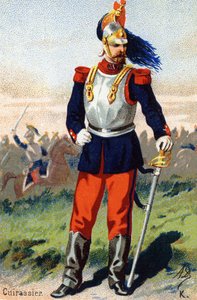 K: Kürassier. Gravur in "Militäralphabet". Initialen des Illustrators: A. D. Unbekannter Verlag. Chromolithographien Ende des 19. Jahrhunderts. von Unbekannt