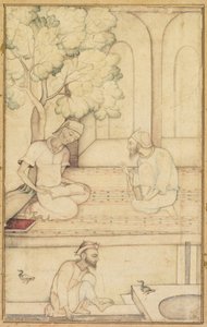 Kabir und zwei Anhänger auf einer Terrasse recto, Kalligraphie verso, um 1610-1620 von Unbekannt