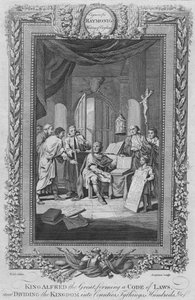 König Alfred der Große, bildet ein Gesetzbuch und teilt das Königreich in Grafschaften, ca. 1787 von Unbekannt