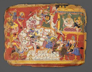 Krishna kämpft gegen die Armeen des Dämons Naraka: Seite aus einem Bhagavata Purana Manuskript, ca. 1540