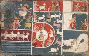 Krishna spielt die Flöte und andere Episoden aus dem Bhagavata Purana, um 1650