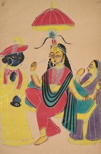 Krishna steht neben Radha, die auf einem Stuhl sitzt, 1800er Jahre von Unbekannt