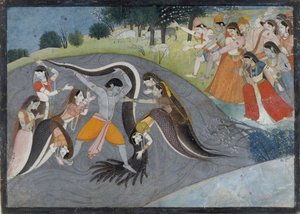 Krishna bezwingt Kaliya, den Schlangendämon: Folio aus einer Bhagavata Purana Serie, ca. 1785 von Unbekannt
