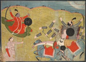 Krishna besiegt Vanasura: Szene aus dem Aniruddha Usha Abschnitt von Krishna Lila, um 1840 von Unbekannt