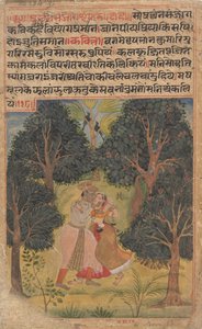 Krishna umwirbt Radha: Seite aus dem verstreuten Boston Rasikapriya Liebesbreviarium, ca. 1610 von Unbekannt