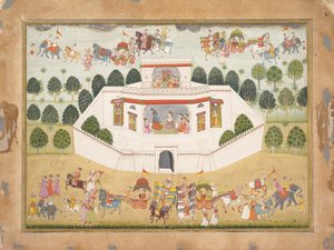 Krishna und Balarama in einem ummauerten Palast: Seite aus einem verstreuten Bhagavata Purana..., ca. 1700 von Unbekannt