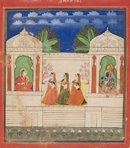 Krishna und Radha in zwei Pavillons, 19. Jahrhundert von Unbekannt