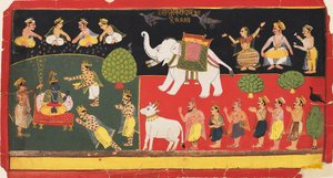 Krishna verehrt von Indra auf einem weißen Elefanten, ca. 1720