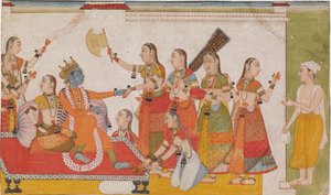Krishna begrüßt Sudama, aus einem Bhagavata Purana von Unbekannt