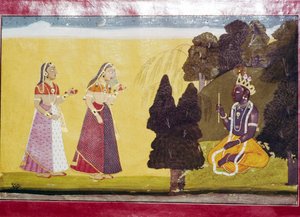 Krishna mit Flöte, von zwei Damen angesprochen