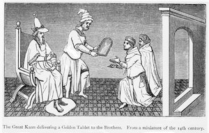 Kublai Khan überreicht Niccolo und Maffeo Polo eine goldene Tafel zur sicheren Durchreise (Gravur) von Unbekannt