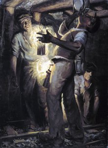 Das Ende des Arbeitstages in einer Kohlenmine: ein durstiger Bergmann trinkt aus einer Feldflasche (Dudley)