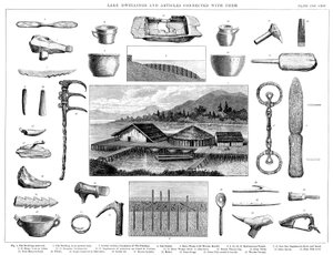 Pfahlbauten und zugehörige Artefakte vom Zürichsee, Schweiz, 1888