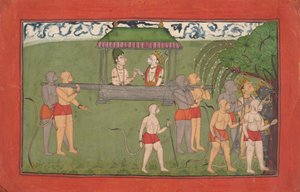 Lakshmana und Sugriva werden von einer Sänfte getragen, um Ramas Segen zu erhalten..., ca. 1710-25 von Unbekannt