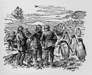 Landung auf einer kleinen Insel, bewohnt von Myriaden von Pinguinen, um 1918