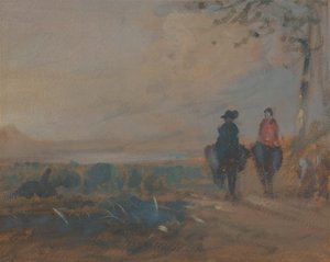 Landschaft mit See und zwei reitenden Figuren, ca. 1820 von Unbekannt