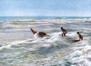 Start eines Katamarans vor der Küste von Madras, Indien, Anfang des 20. Jahrhunderts von Unbekannt