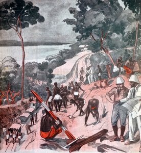 Verlegung von Eisenbahnschienen unter der Äquatorsonne, Brazzaville, Kongo, 1924 von Unbekannt