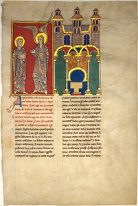 Blatt aus einem Beatus-Manuskript: der Engel der Kirche von Sardes mit dem heiligen Johannes, ca. 1180