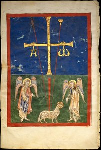 Blatt aus einem Beatus-Manuskript: das Lamm am Fuß des Kreuzes, flankiert von zwei Engeln, ca. 1180 von Unbekannt