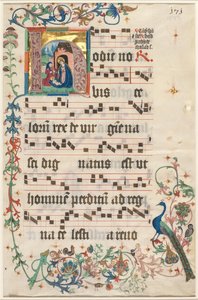 Blatt aus einem Antiphonar: Initiale H mit der Geburt Christi recto und Text verso, ca. 1480 von Unbekannt